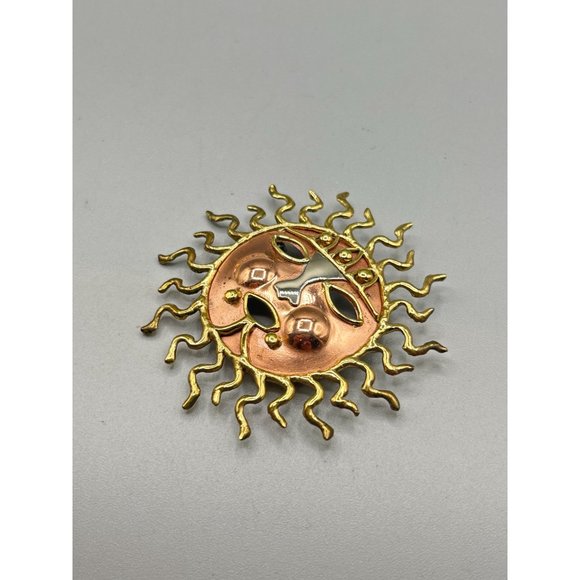 Vintage Handcrafted Mixed Metal Sunface Brooch Brutalist Made in Mexico Sunburst - Picture 3 of 6